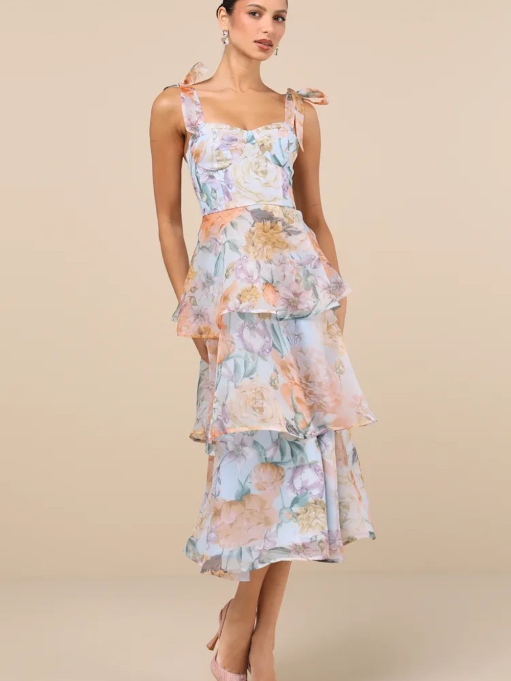 Lulus Playfully Posh Blue Floral Organza Tie-Strap Tiered Midi Dress